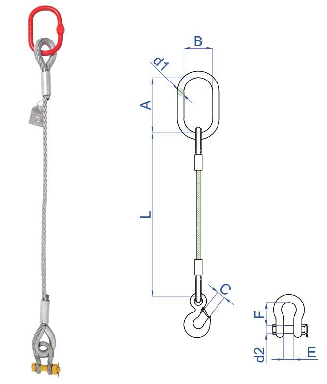 20mmのフランダースの目の袖が付いている単一の足の鋼線ロープの吊り鎖、鋼鉄中心、swagedワイヤー ロープ、指ぬきおよびマスター リンク1