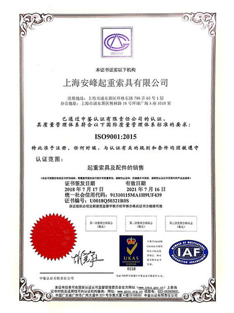 中国 Shanghai Anfeng Lifting &amp; Rigging LTD. 認証